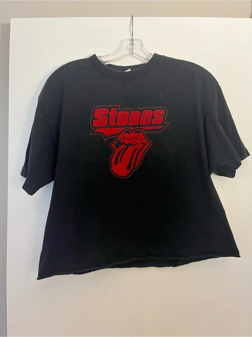 Vintage Rolling Stones Tongue Logo Tee, cropped with raw hem, size Large
